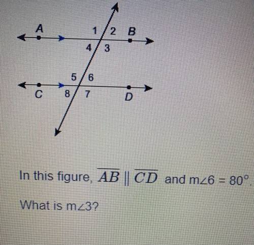 In this figure AB is parallel to CD and m6=80 degrees. What is m3?