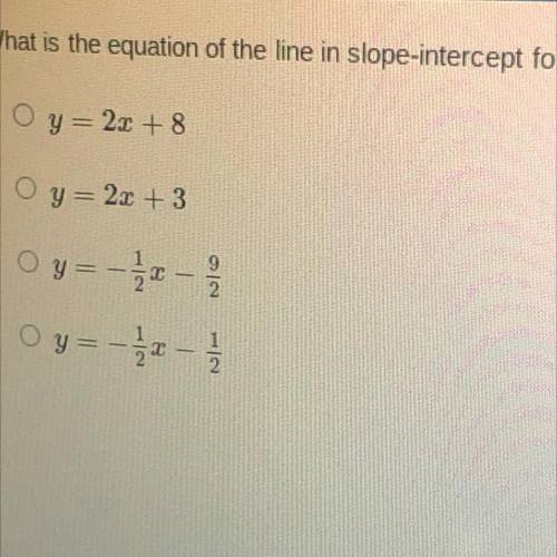 What is the equation of the line in slope-intercept form through (-5, -2) and is perpendicular to 2