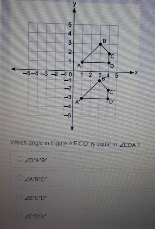 Figure ABCD is transformed to figure A'B'C'D. Which angle in figure A'B'C'D us equal to <CDA?