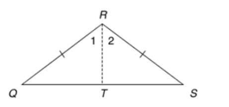 In isosceles triangle QRS, RT is the angle bisector of ∠QRS. Mikah begins the proof by stating ∠1≅∠