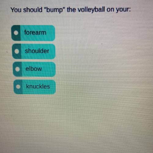 Help fast please You should bump the volleyball on your

forearm
shoulder
elbow
knuckles