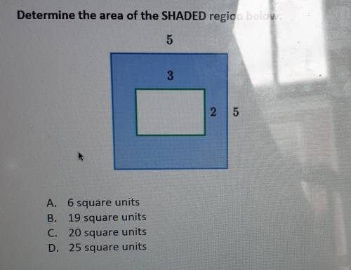 A. 6 square units B. 19 square units C. 20 square units D. 25 square units