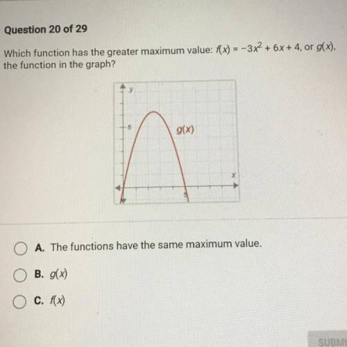 Which function has the grater maximum value f(x) = -3x2+6x+4 or g(x), the function in the graph?