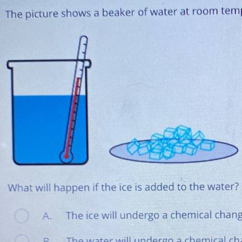 What will happen if the ice is added to the water?

A The ice will undergo a chemical change, melt