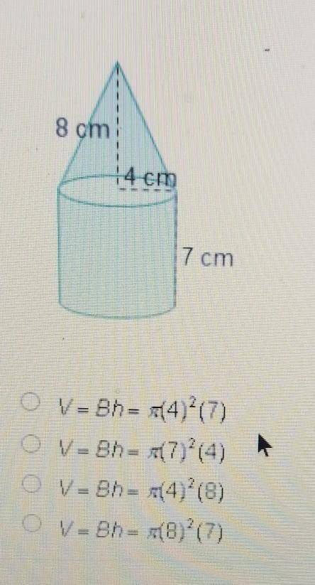 Which expression can be used to find the volume of the cylinder in this composite figure?