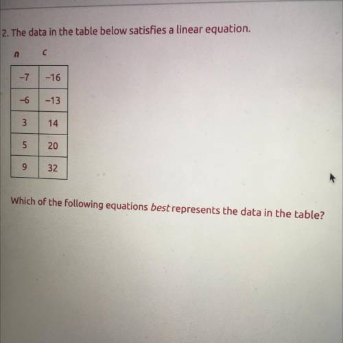 2. The data in the table below satisfies a linear equation.

Which of the following equations best