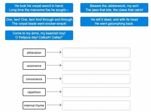 Drag the tiles to the correct boxes to complete the pairs.

Match the lines from Lewis Carroll’s “