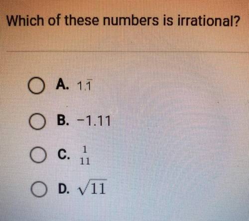 Which of these numbers is irrational? A. 1.1 B. -1.11 C. 1 D. V11