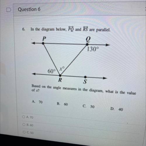 6.

In the diagram below, PO and RS are parallel.
Q
130°
60°
to
R
S
Based on the angle measures in