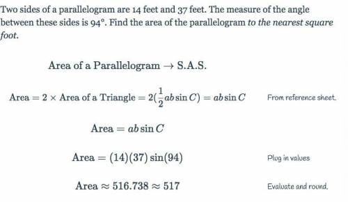 Two sides of a parallelogram are 14 feet and 37 feet. The measure of the angle between these sides