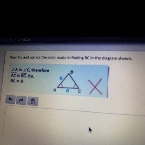 Describe and correct the error made in finding BC in the diagram