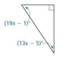 Find the measure of each acute angle.(19x − 1)∘ = and (13x − 5)∘ =