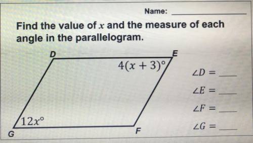 Find the value of x and the measure of each angle in the parallelogram