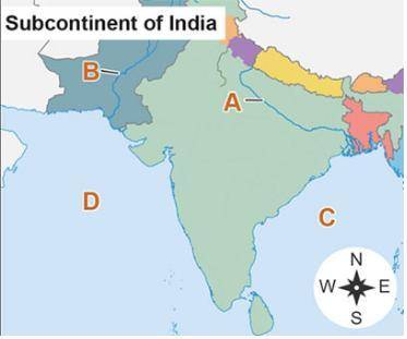 The map shows the Indian subcontinent.

A map titled Subcontinent of India with labels A through D