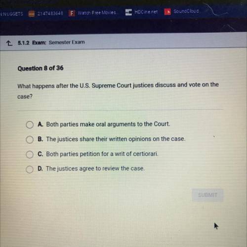 What happens after the U.S. Supreme Court justices discuss and vote on the

case?
O A. Both partie