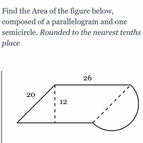 Find the Area of the figure below, composed of a parallelogram and one semicircle. Rounded to the n
