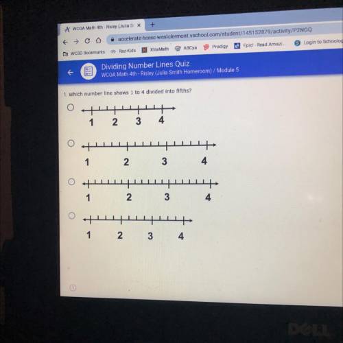 Which number line shows 1 to 4 divided into fifths?