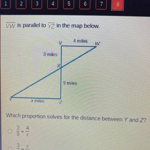 Which proportion solves for the distance between Y and Z?

3/9=4/x
3/4=x/9
4/3=9/x
3/x=4/9