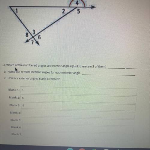 Name the remote interior angles for each exterior angle

How are exterior angles 6 and 8 related?