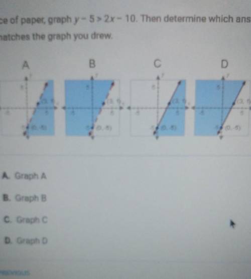 On a piece of paper, graph y-5>2x- 10. Then determine which answer choice matches the graph you