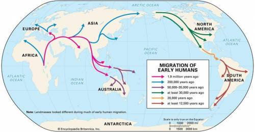 According to the map, to which of the following places did humans migrate after reaching North Amer