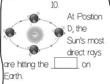 Please fill in the blank to answer the question.

At Position D, the Sun's most direct rays are hi