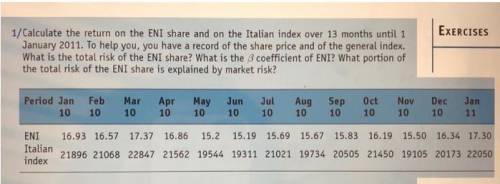 Calculate the return on the ENI share and on the Italian index over 13 months until January 2011. T