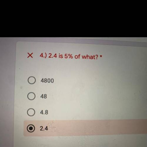 2.4 is 5% of what? *
Could someone please help provide me with the correct answer