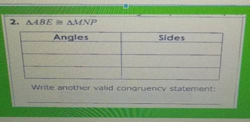 2. angle ABE = angle MNP  Write another valid congruency statement:
