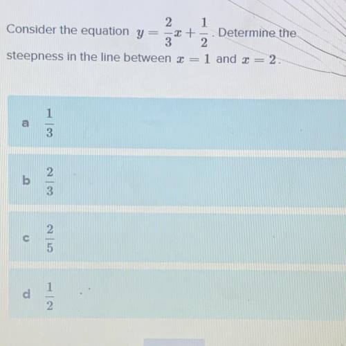 Consider the equation _. determine the steepness in the line between x=1 and x=2.