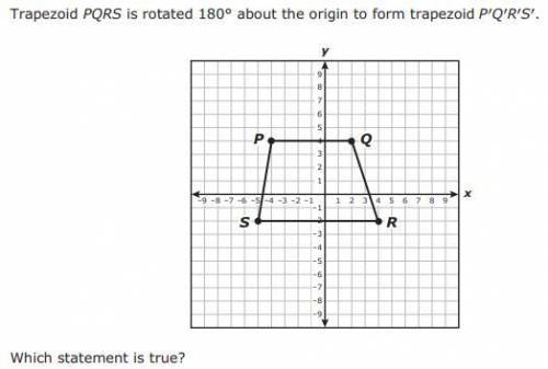 Trapezoid PQRS is rotated 180 degrees about the origin to form trapezoid P'Q'R'S

Which statement