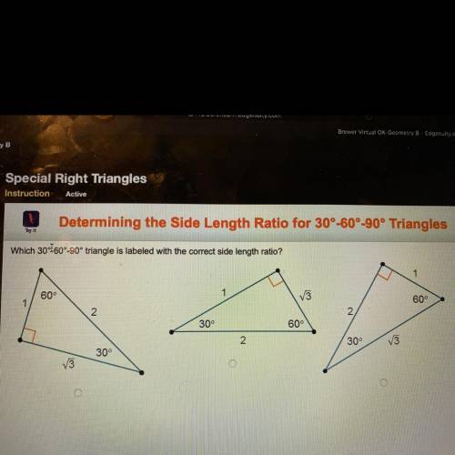 Which 30°-60°-90° triangle is labeled with the correct side length ratio?

1
60°
1
V3
60°
1
2
2
30
