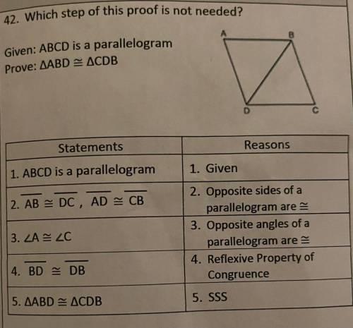 42. Which step of this proof is not needed?

Given: ABCD is a parallelogram
Prove: AABD ACDB
State