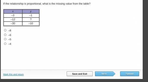 If the relationship is proportional, what is the missing value from the table?

x
y
–3
–1
–12
?
–3