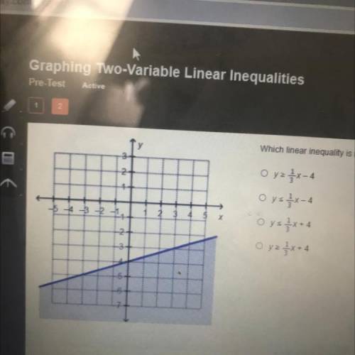 Which linear inequality is represented by the graph?

>
O y>_1/3x-4
Oy<_1/3x-4
Oy<_1/3
