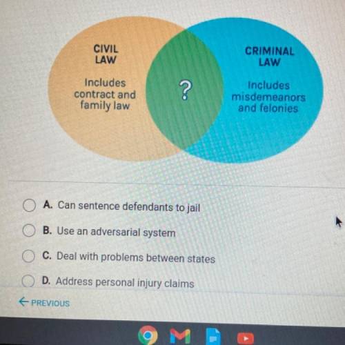 Can someone help me !

Which phrase best completes the diagram?
CIVIL
LAW
CRIMINAL
LAW
Includes
co