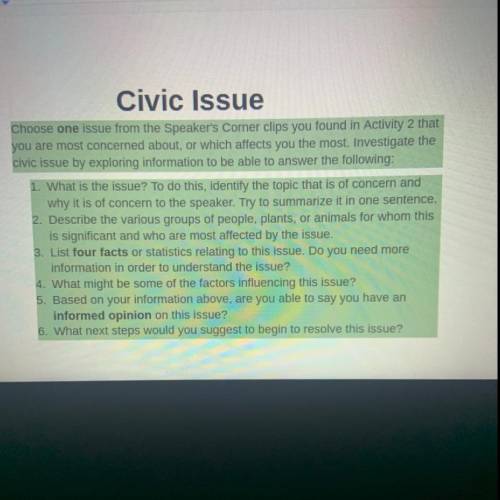 Civic Issue

Choose one issue from the Speaker's Corner clips you found in Activity 2 that
you ar