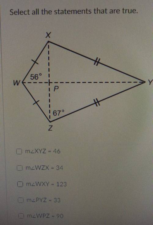 Select all the statements that are true. Kite W X Y Z is divided into 4 triangles by W Y and X Z, w