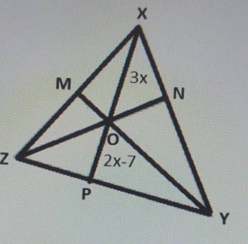 In the triangle below, O is the centroid. Find the length of median XP