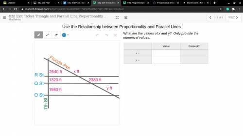 Proportionality of parallel lines in geo What are the values of x and y? Only provide the numerical
