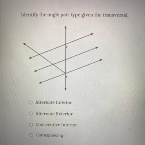 Please help me identify the angle pair type given the transversal
I’ll brainliest u
