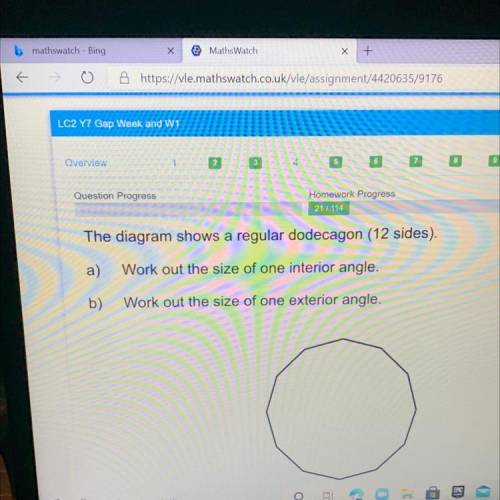 119

The diagram shows a regular dodecagon (12 sides).
a) Work out the size of one interior angle.