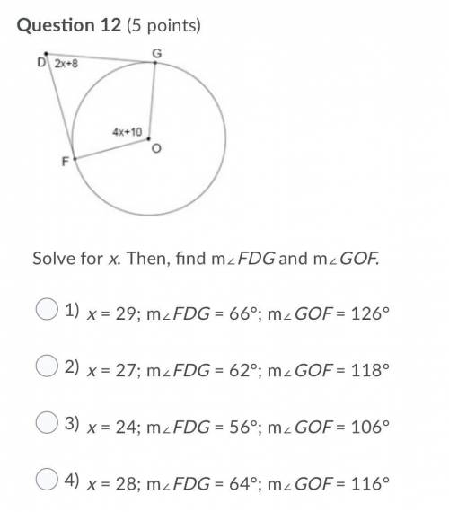 Solve for x. Then, find m∠FDG and m∠GOF.