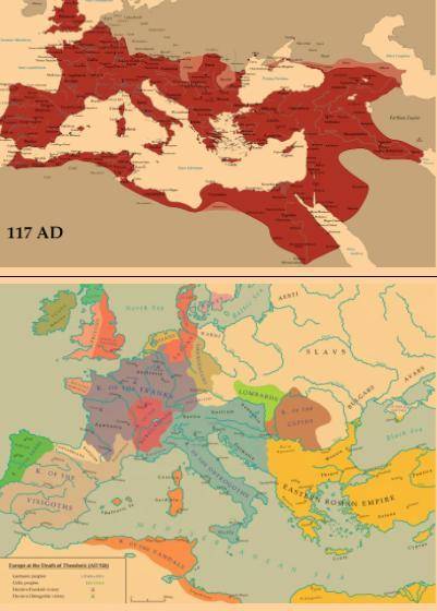 Maps of the Mediterranean Sea Complex in 117 CE (top) and 526 CE (bottom)

Explain the circumstanc