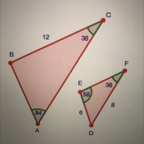 20

21
Are the two triangles below similar? (1 point)
С
23
24
12
38
26
27
B
F
✓
E
38
29
30
58)
8
B