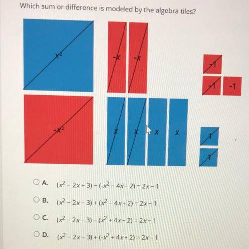 Which sum or difference is modeled by the algebra tiles?