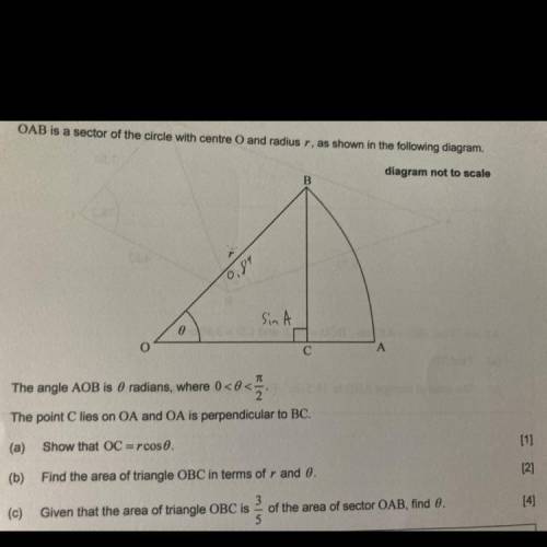 Find the area of triangle obc in terms of r and theta