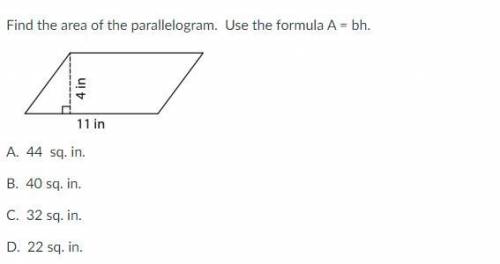 PLS HELP 6TH GRADE MATH find the area of the parallelogram. Use the formula A = bh.