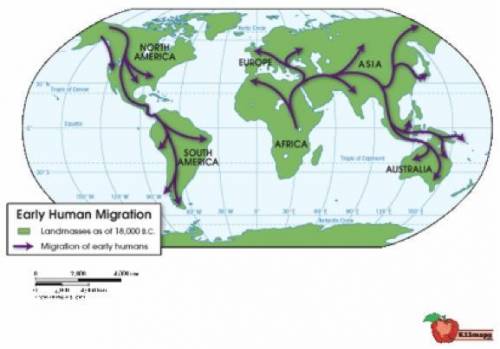 Use the map below to answer the following question:

Image of a map showing the migration of early