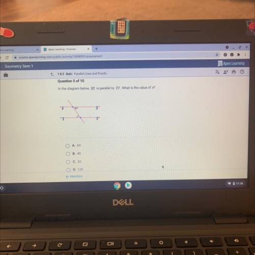 DE

Question 5 of 10
In the diagram below, BD is parallel to XY. What is the value of x?
60
xo
A.